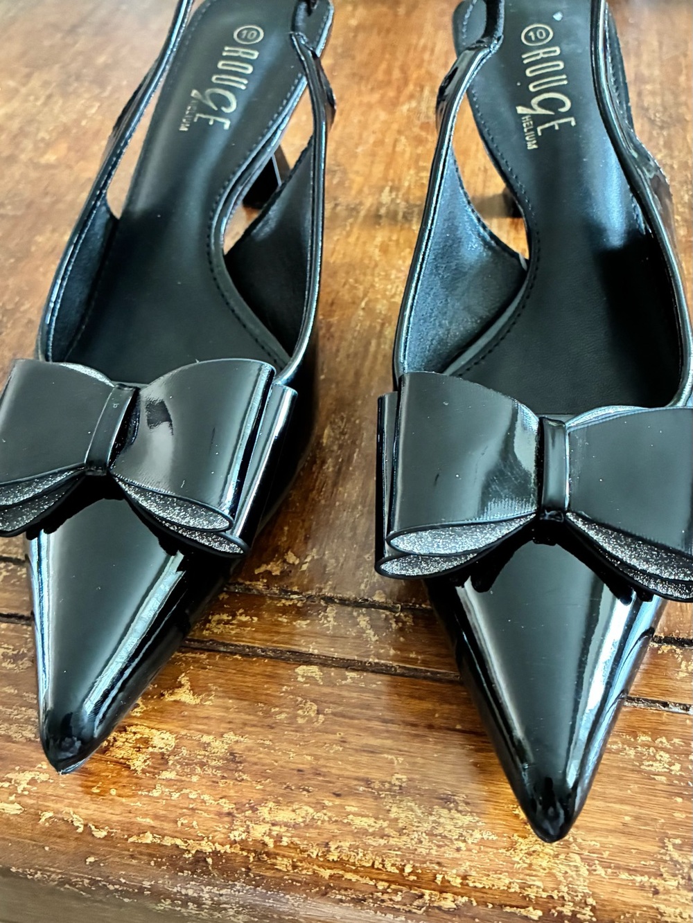 Rouge Helium Black Patent Pointed Slingback Flats with Bow